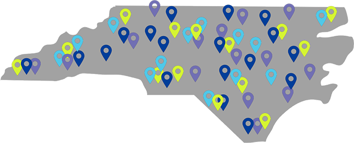 a map depicting North Carolina, with all of NC LIVE's member libraries pinned.