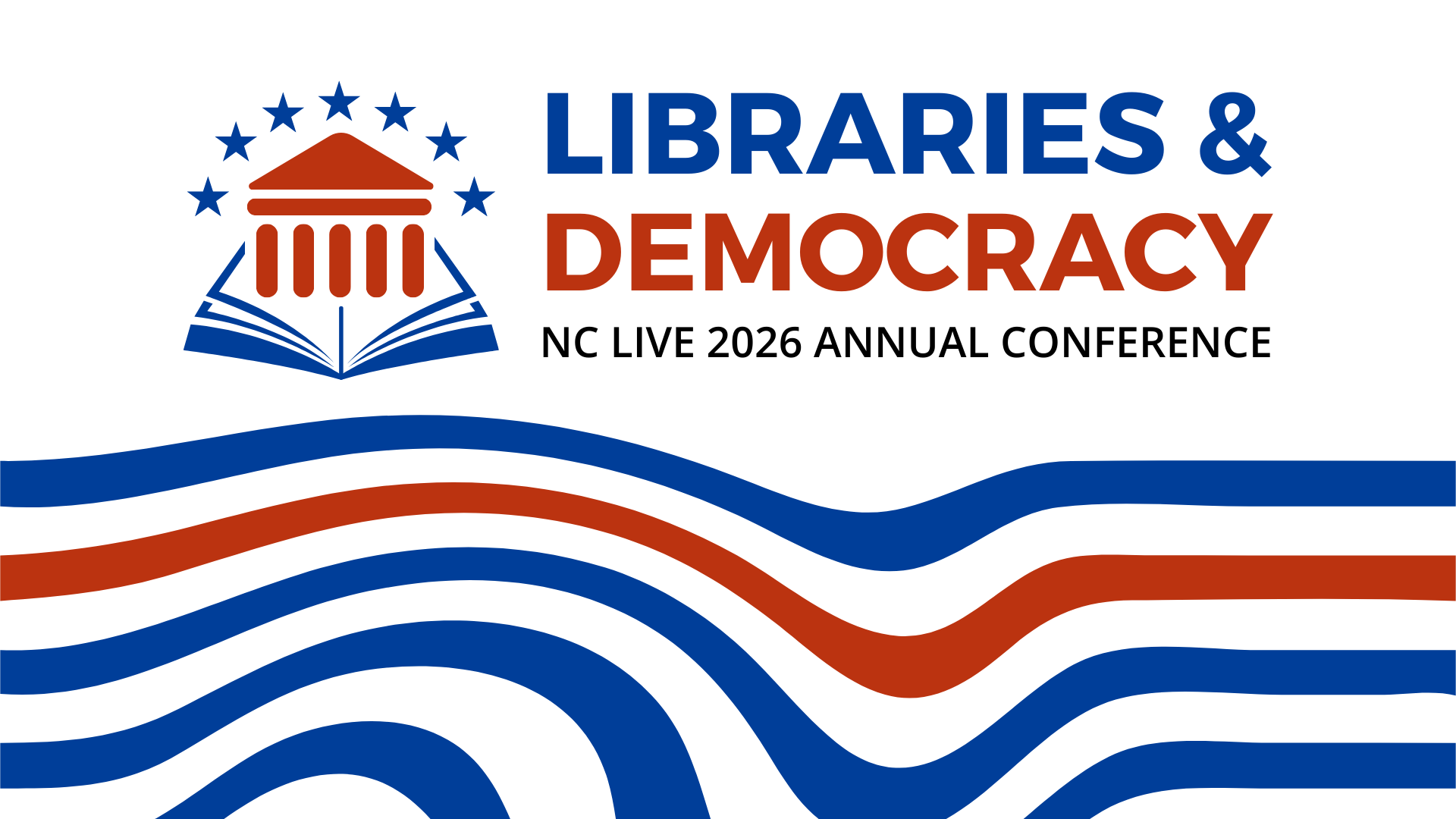 Red and white text reading "Libraries & democracy." To the left is a graphic of building with columns emerging from a book.