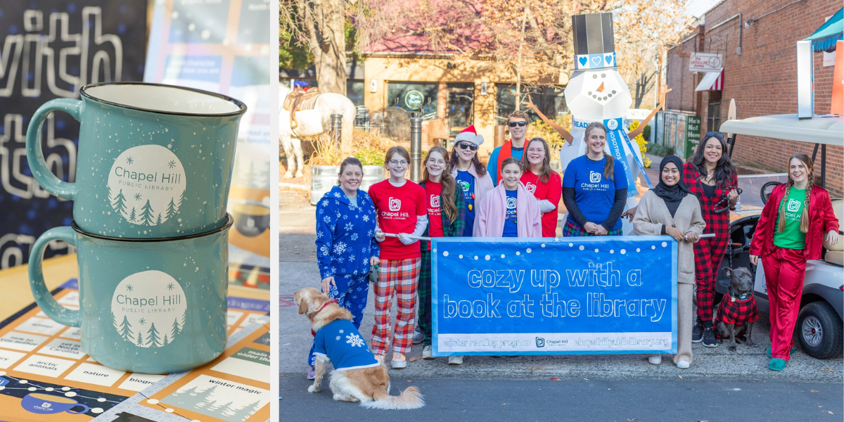 On the left, an image of two blue mugs stacked; on the right, library staff poses outside in a parade with a banner that says, "Cozy up with a book at the library."