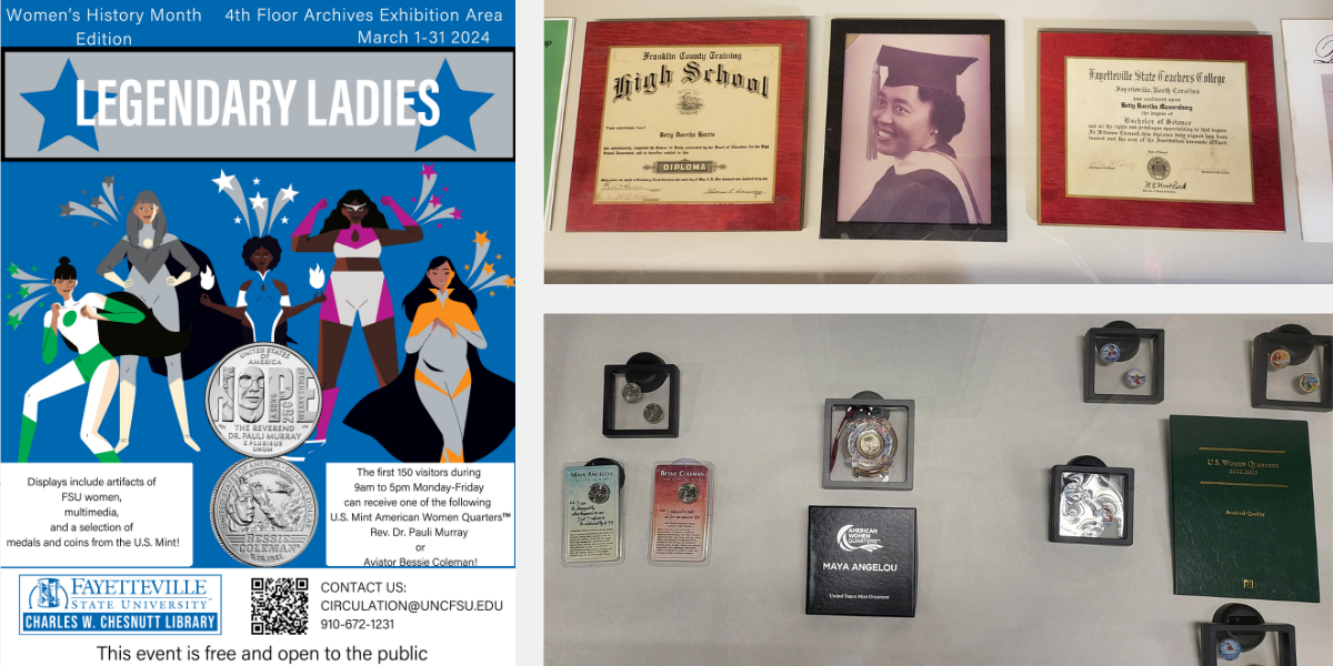 A collage of items from the Fayetteville State University "Legendary Ladies" exhibit. Items include photographs, diplomas, and special coins.