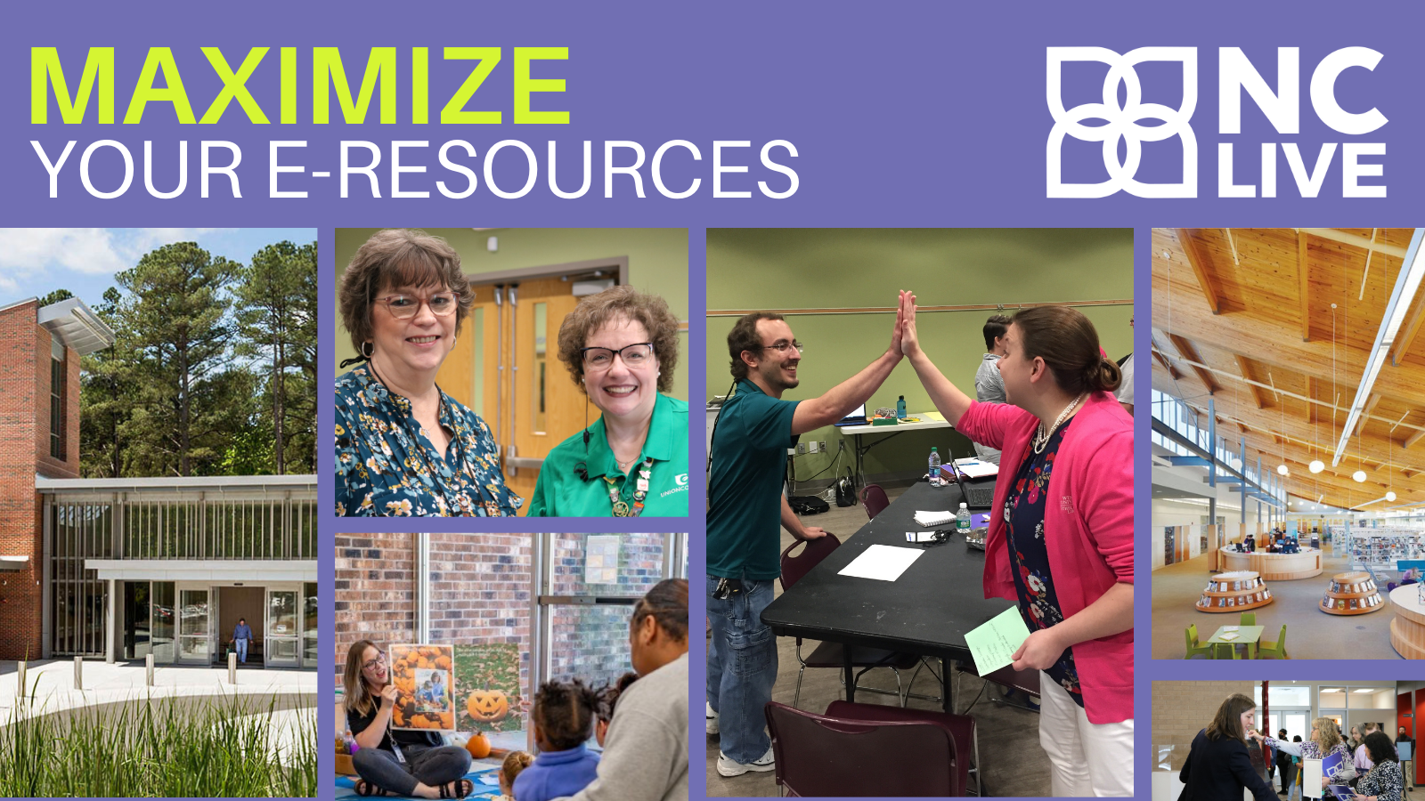 A collage of librarians working together and library buildings.