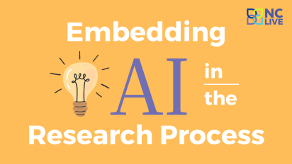 A yellow background with the text "Embedding AI in the research process." Next to "AI" is a lightbulb.