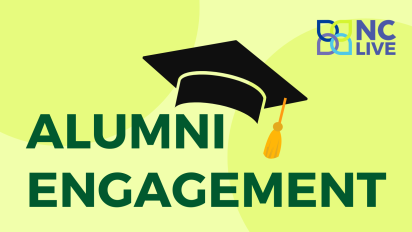 Green text reading "Alumni Engagement" with a cartoon graduation cap on top.