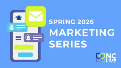 Graphic of a phone with several notifications popping off the screen. To the right is text reading, "Marketing series."