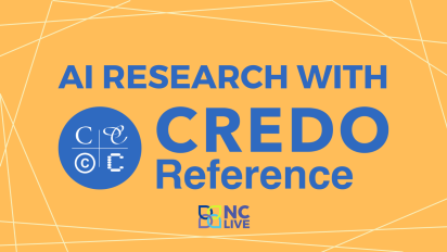 A yellow background with interconnecting lines around the border. In the middle is text reading, "AI Research with Credo Reference."