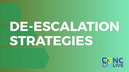 "De-escalation strategies" on a green background.