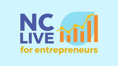 A light blue background with text that reads "NC LIVE for entrepreneurs." On the right is a blue petal graphic with an orange bar graph.