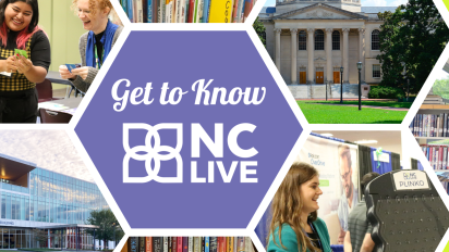 Hexagonal boxes with photos of libraries and librarians in them. In the middle is a purple one with the text, "Get to Know NC LIVE."