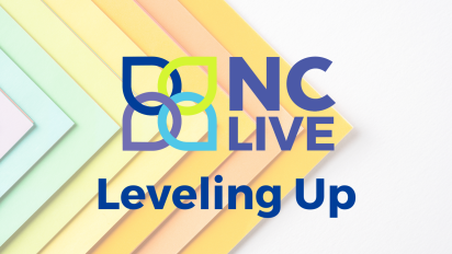 A stack of paper aligned at the corners to make a chevron pattern of arrows in a rainbow pattern. On top is the logo for NC LIVE and the text, "Leveling Up."