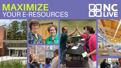 A collage of photos of library buildings and library staff looking happy.
