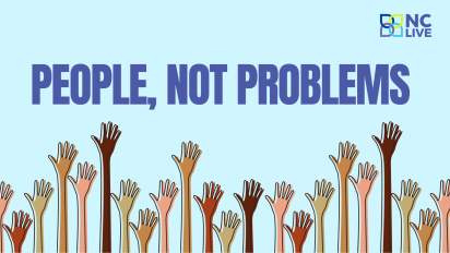A light blue background with multicolored hands reaching up towards text reading, "People, not problems."