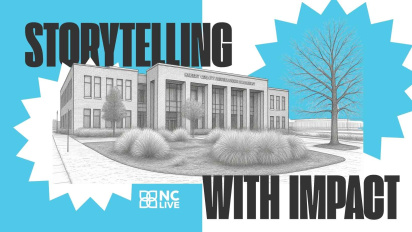 A sketch of a library with the text, "Storytelling with impact."