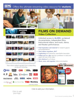 Students working in a library above information about Films on Demand.