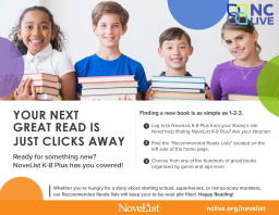 Four children holding stacks of books above information about NoveList.