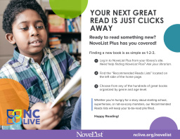 A kid reading next to information about NoveList.