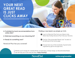 A teenager working on a computer alongside text with information about NoveList.