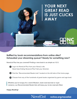 An adult with a laptop pointing to the text, "Your next read is just clicks away."