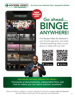 A large phone showing videos available on Access Video. Next to it are QR codes to scan and download the app.