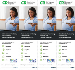 Four Consumer Reports bookmarks with a woman working at a computer.