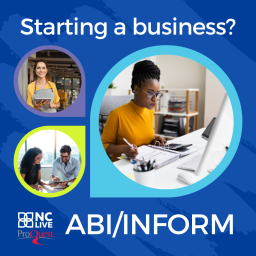 Three bubbles showing people working in small businesses above "ABI/INFORM" and the NC LIVE and ProQuest logos.