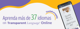 Purple and yellow abstract waves next to a phone and text in Spanish advertising Transparent Language.