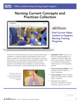 An image of a laptop computer screen showing a nursing video. Below is text about nursing videos on Films on Demand.