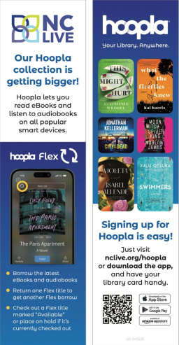 The front and back of a purple and white bookmark showing covers of books available on hoopla.