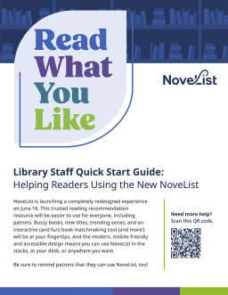 "Read What You Like" typed within a blue leaf shape. Below is text about NoveList Plus and a QR code.