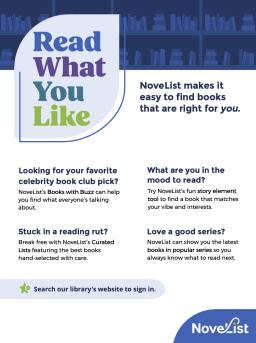 "Read What You Like" typed within a blue leaf shape. Below is text about NoveList Plus.
