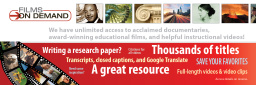 A red and white bookmark with stills from Films on Demand videos.