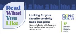 "Read What You Like" typed within a blue leaf shape. To the right is text about NoveList Plus.