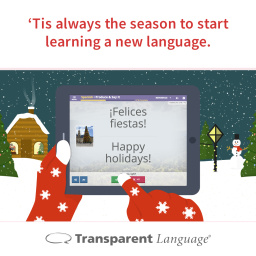 Gloved hands using a tablet to learn Spanish with Transparent Language.