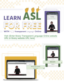 "Learn ASL for free" with images of an instructor demonstrating words.