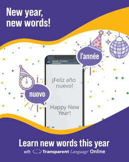 Party signs around a phone translating "Feliz ano nuevo" into "Happy new year!"