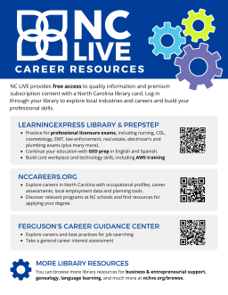 A blue and white flyer with three large gears at the top and information about career resources.