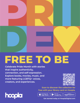 "Pride" in colorful block letters above text about hoopla audiobooks and ebooks.