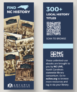 Dark blue bookmark with local history titles from Arcadia Publishing.