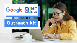 A person working on a computer next to text reading, "Outreach kit."