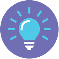 A purple circle with a blue light bulb
